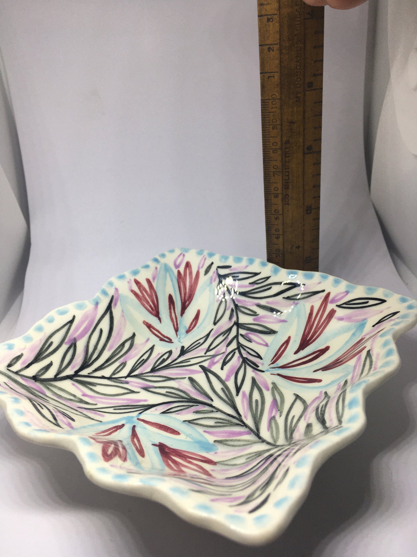 Unusual square trinket dish. WR Midwinter. Ruffled edge. Leaf pattern.