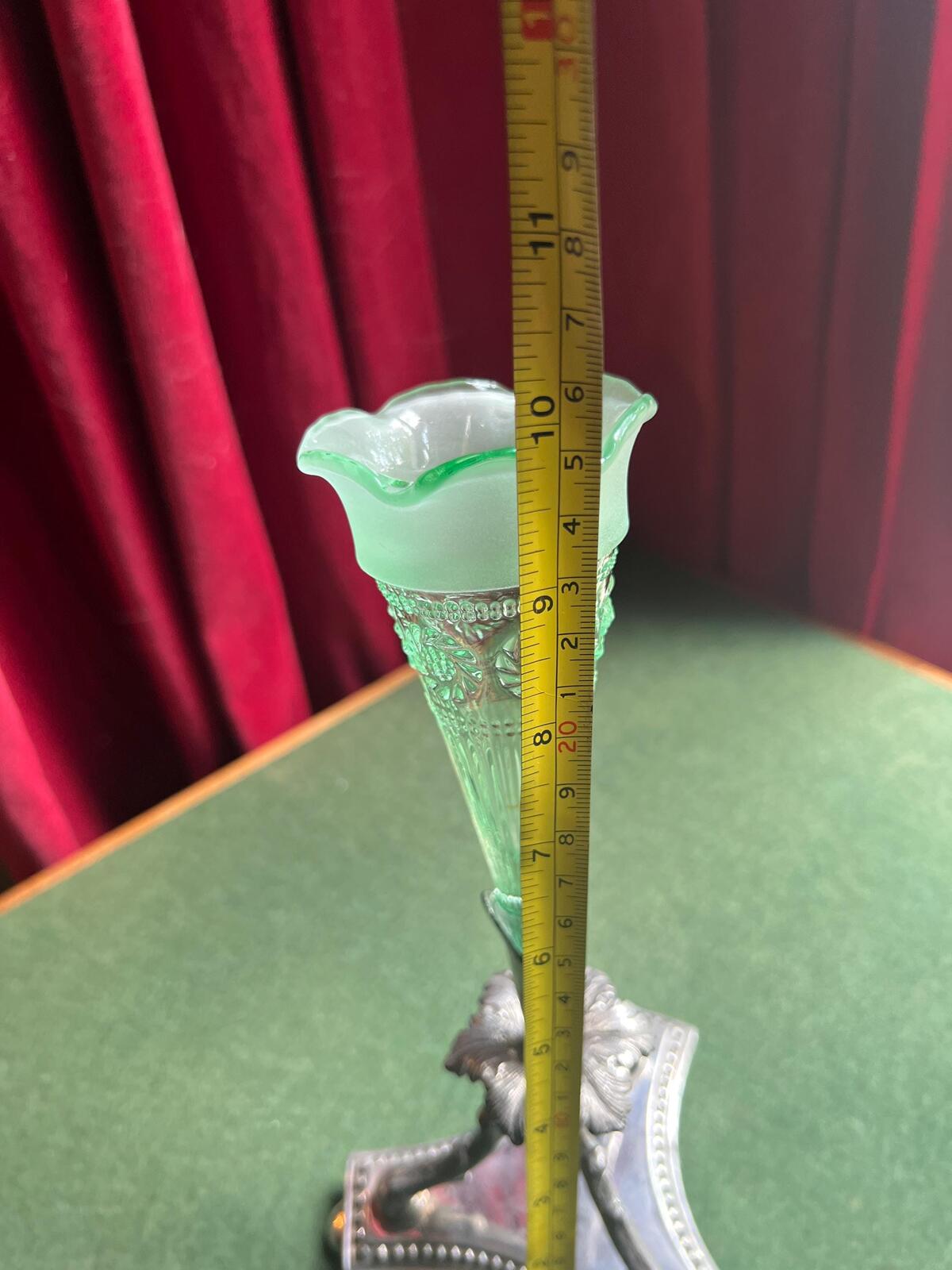 Victorian epergne vase. Green glass on decorative silver plate base. Stamped James Dixon & Sons.