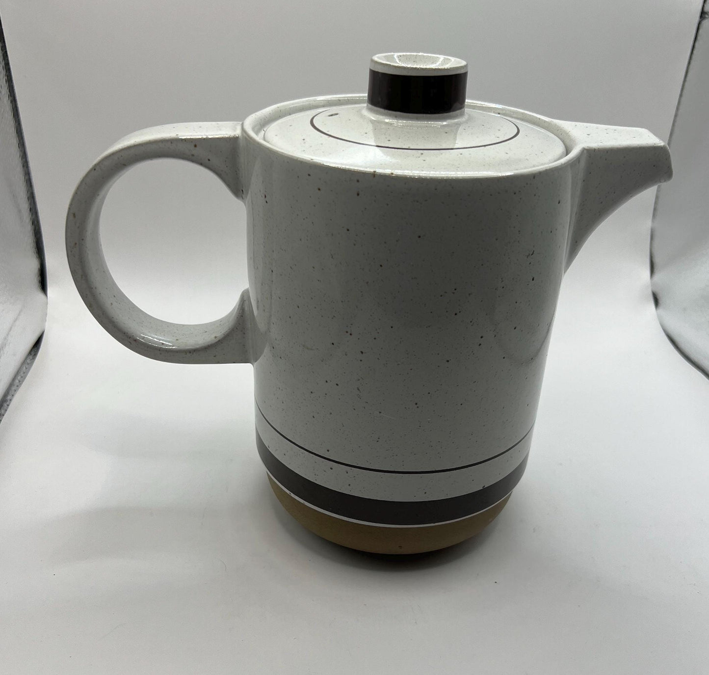 Midwinter Stoneware Coffee pot. Brown stripe on cream grey glaze.