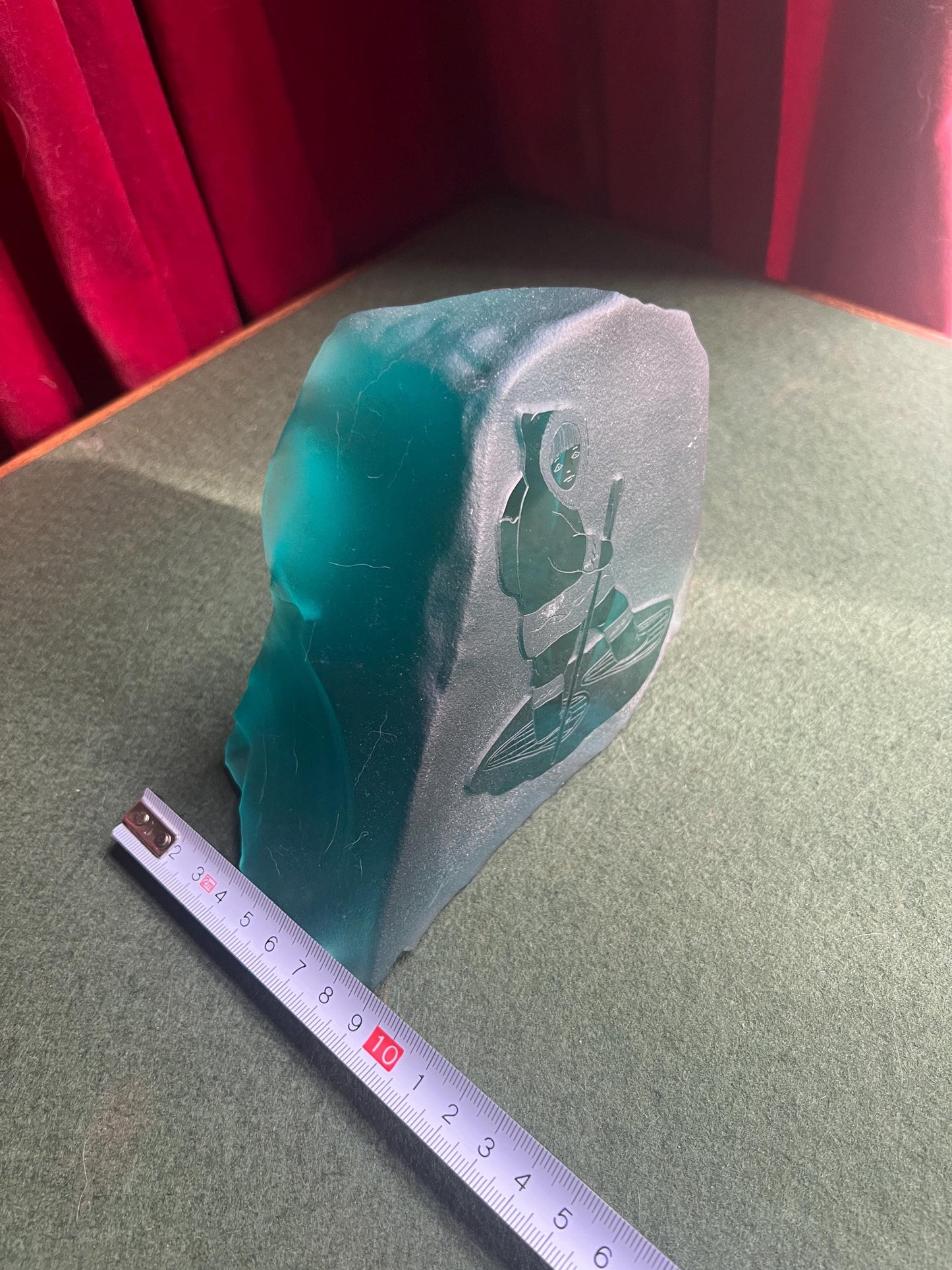 Siku Signed Native Inuit Frosted Etched Art Glass Sculpture Paperweight. Blue sea glass Canadian folk art.