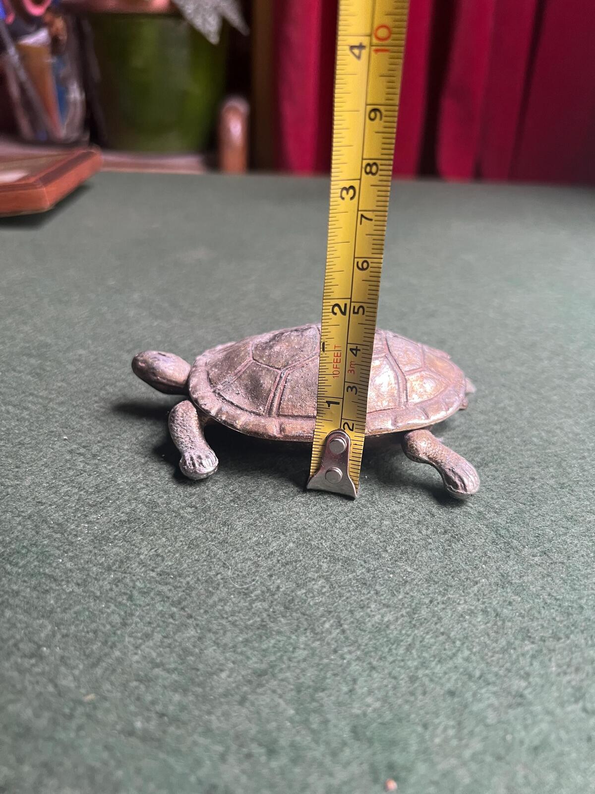 Vintage metal tortoise lidded ashtray trinket box. Quirky tobacciana collector gift.
