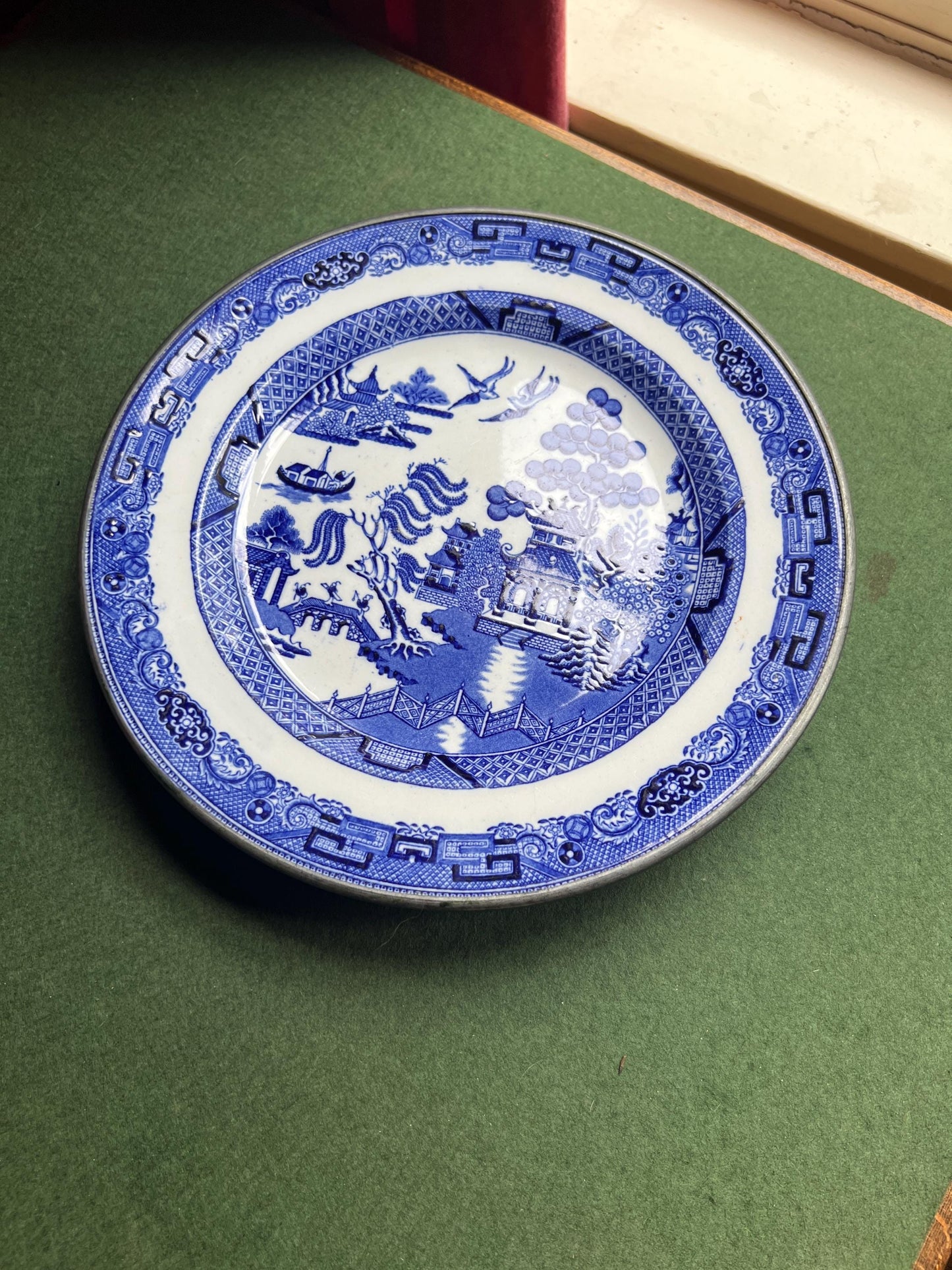 Vintage antique warming plate Blue willow design copper backed hollow plate.