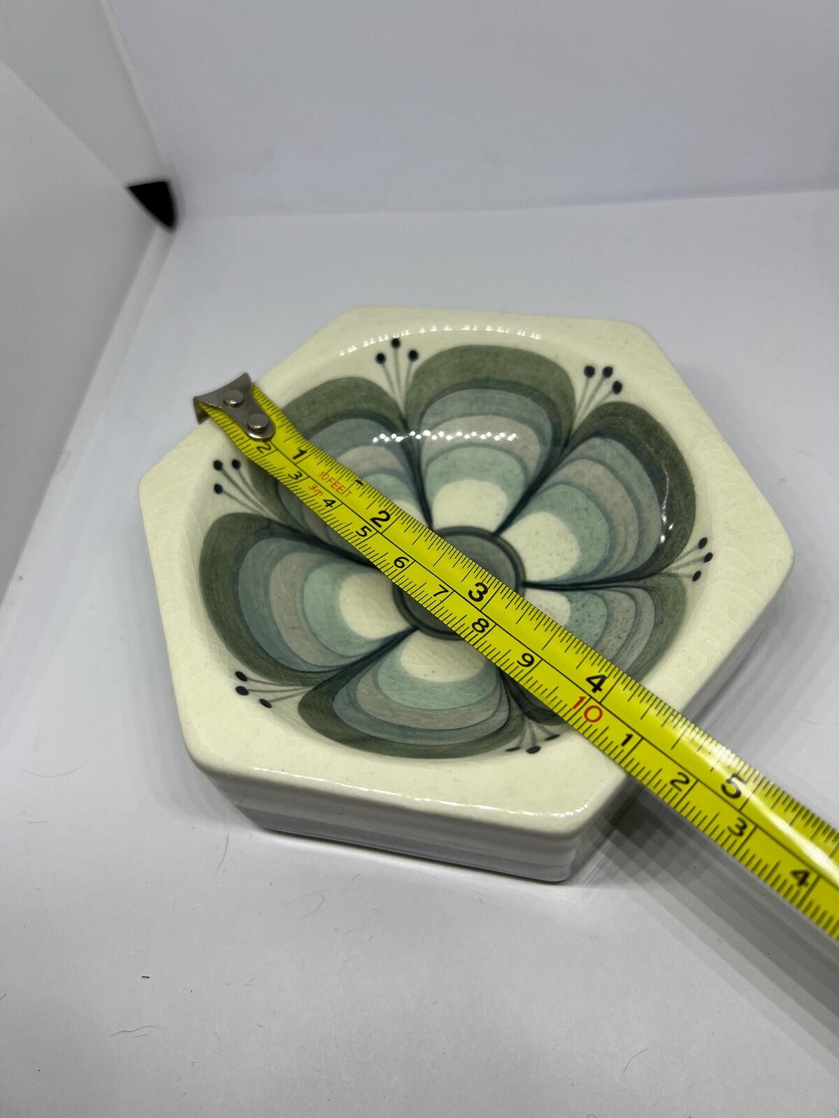 Hexagonal ceramic trinket dish. Jersey pottery hand painted floral decor.
