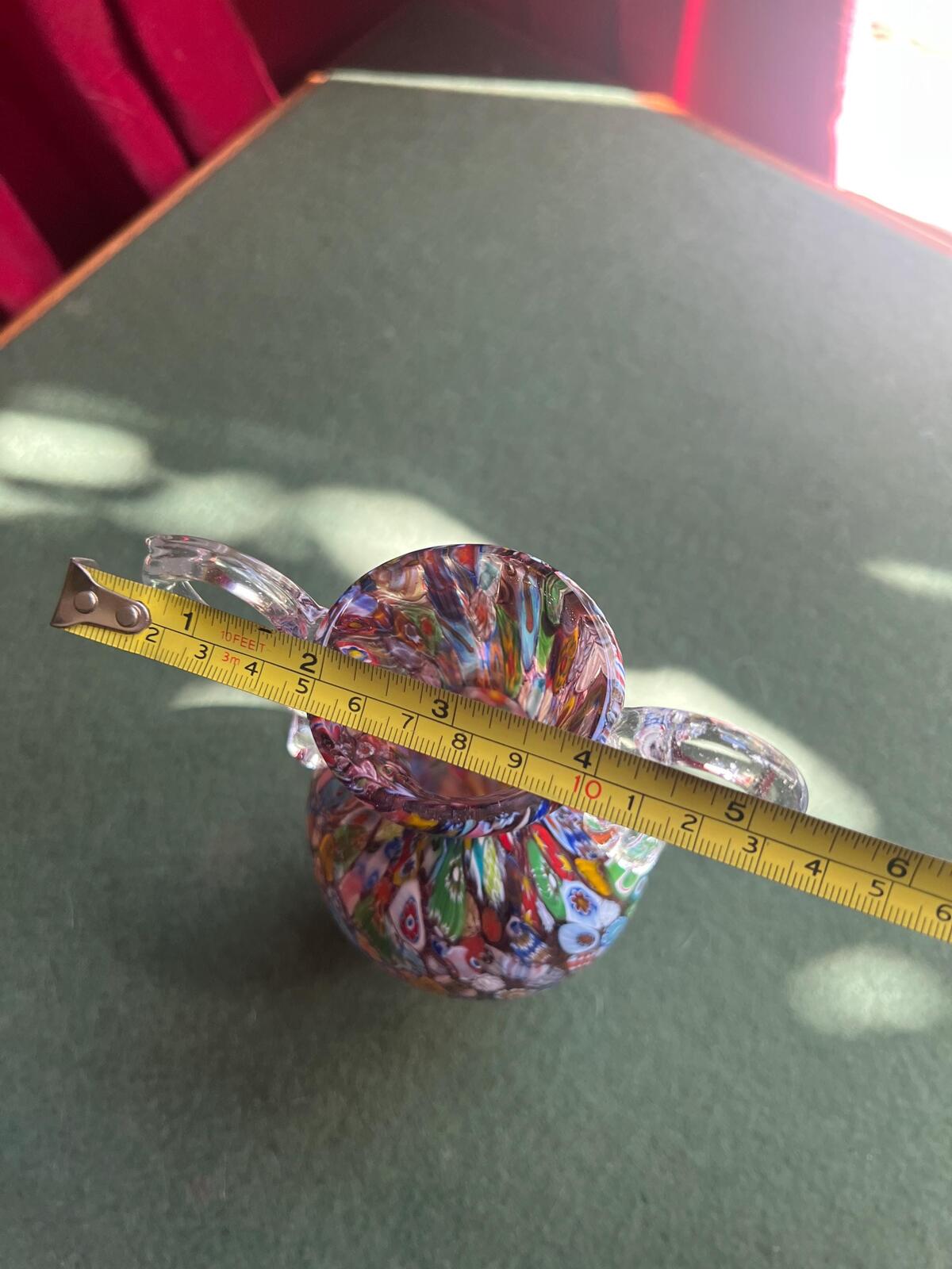 Vintage Murano art glass vase. Tutti Fruit twin handled millefiori. In the style of Fratelli Toso.. Art glass collector gift.
