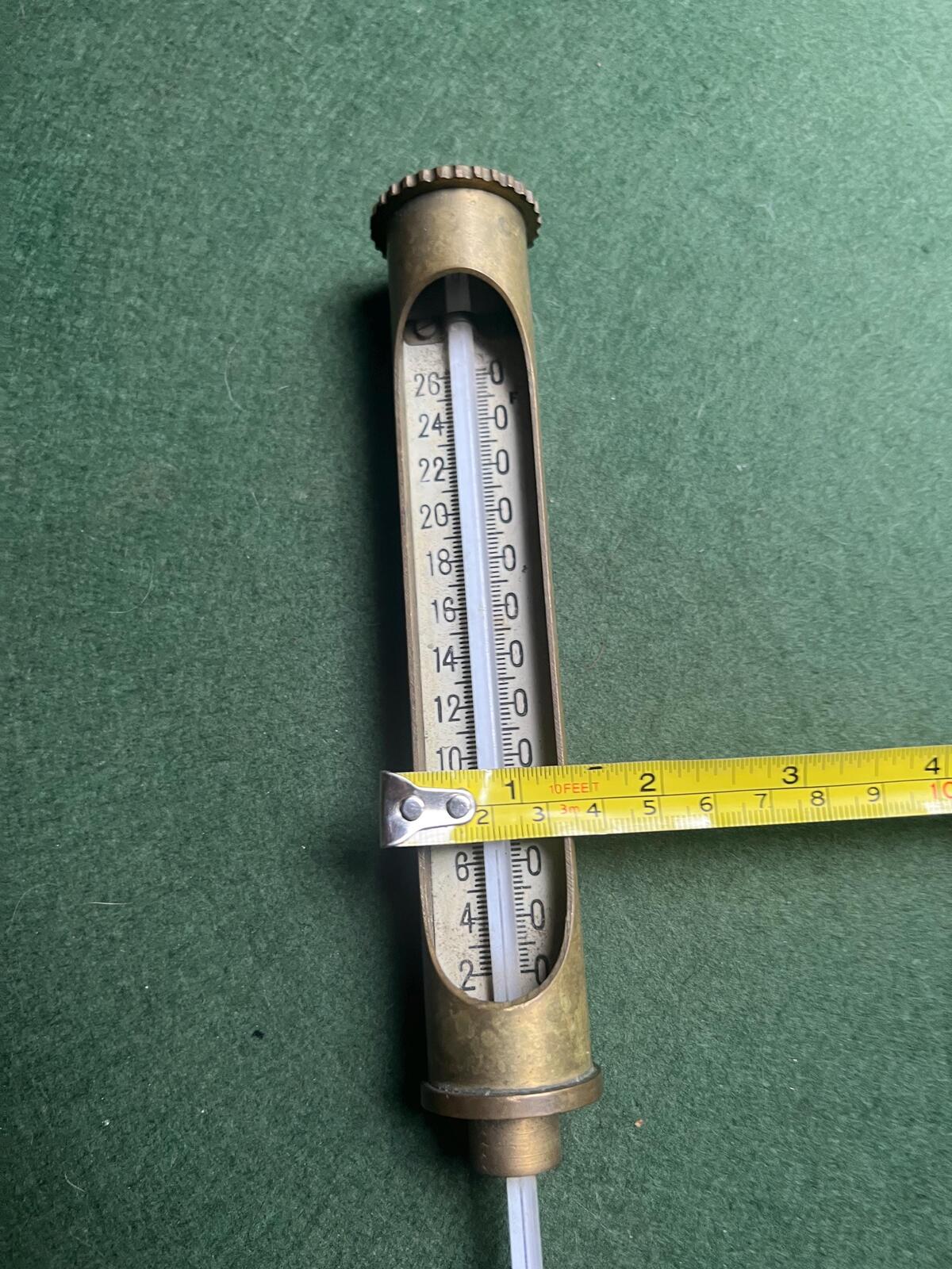 Vintage industrial brass thermometer gauge. Boiler engine temperature measurer. Scientific instrument collector gift.