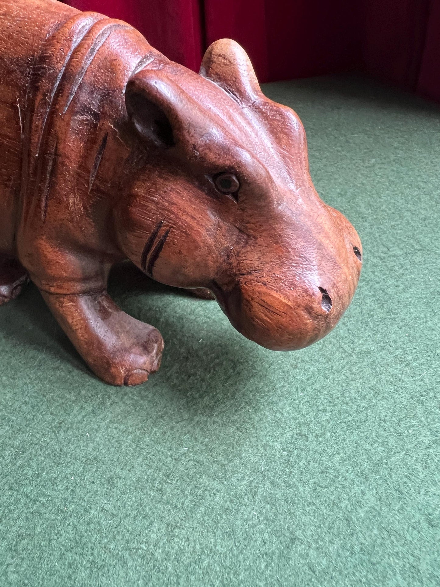 Vintage hand carved wooden hippo figurine. Treen house hippo ornament.