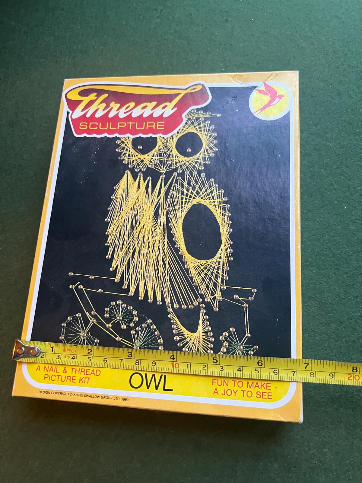 Vintage Owl string art kit. 1990s Kitfix Swallow Group Ltd. "Thread Sculpture" nail and thread picture kit.
