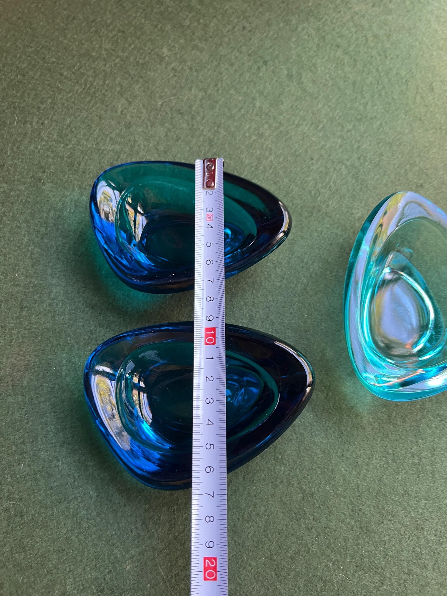Vintage glass ashtrays trinket dishes. Sklo Union glass. 1x Turquoise blue 2x cobalt blue triangular glass nut bowls. Sold separately.