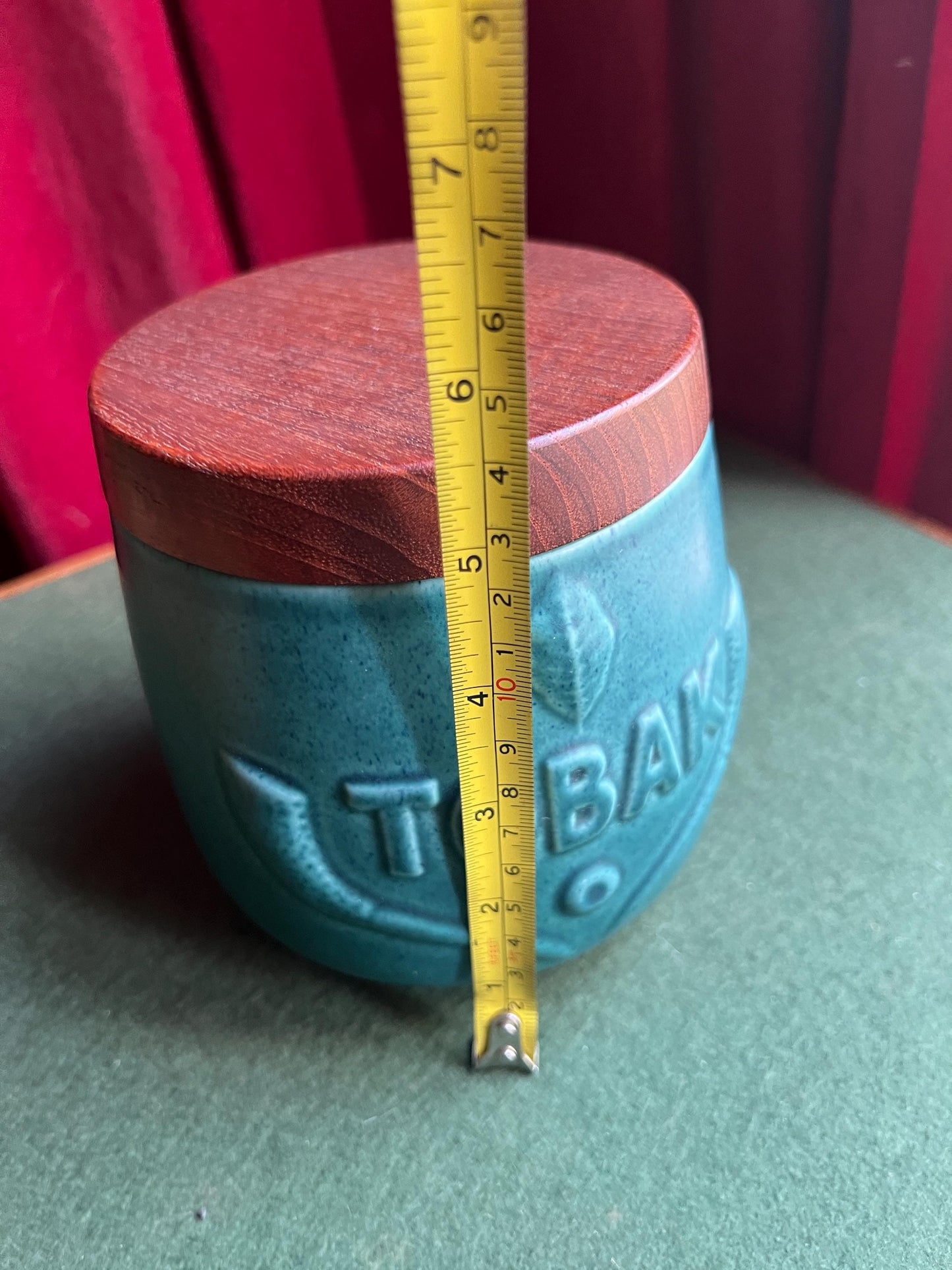 Vintage Søholm Denmark TOBAK Tobacco Jar Teak Lid Ceramic Teal blue Humidor