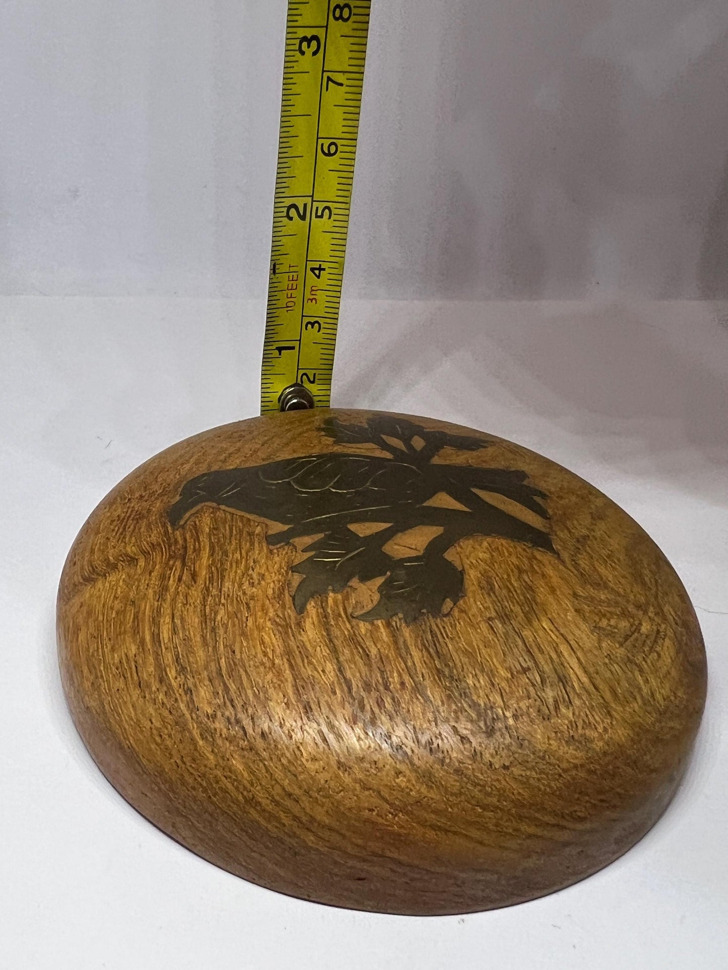 Vintage wooden paperweight Brass inlaid bird on round wood paper weight Folk art brass parrot Made in India Bird lover gift for Home office.