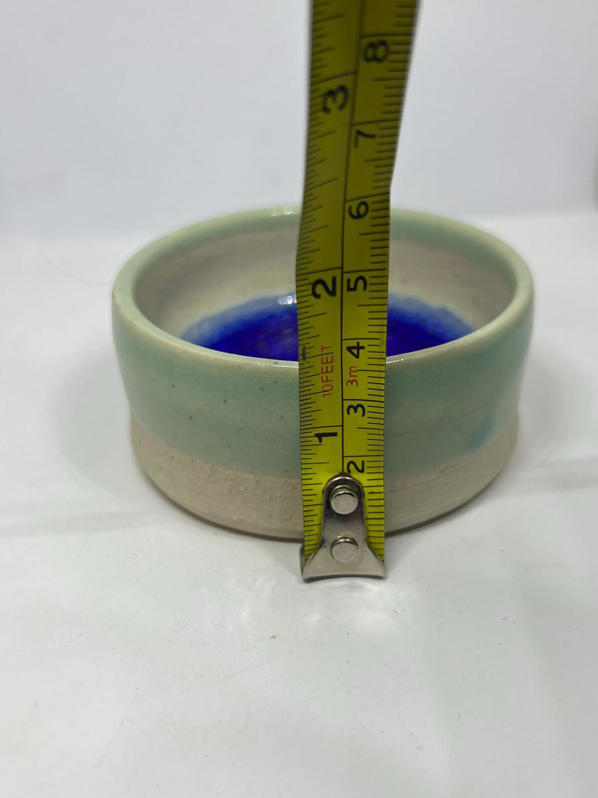 Studio pottery trinket dish. Blue Crackle glass glaze ring dish.