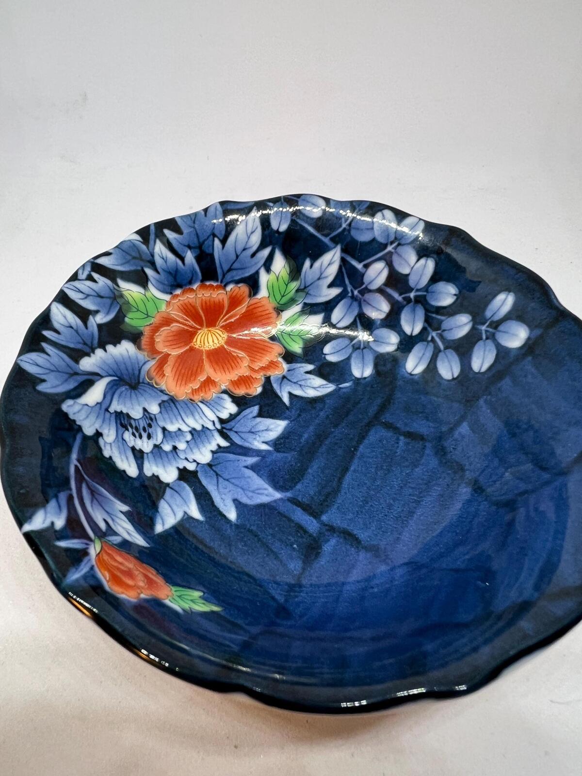 Trinket bowl Blue floral ring disk Hand painted orange flower dish.