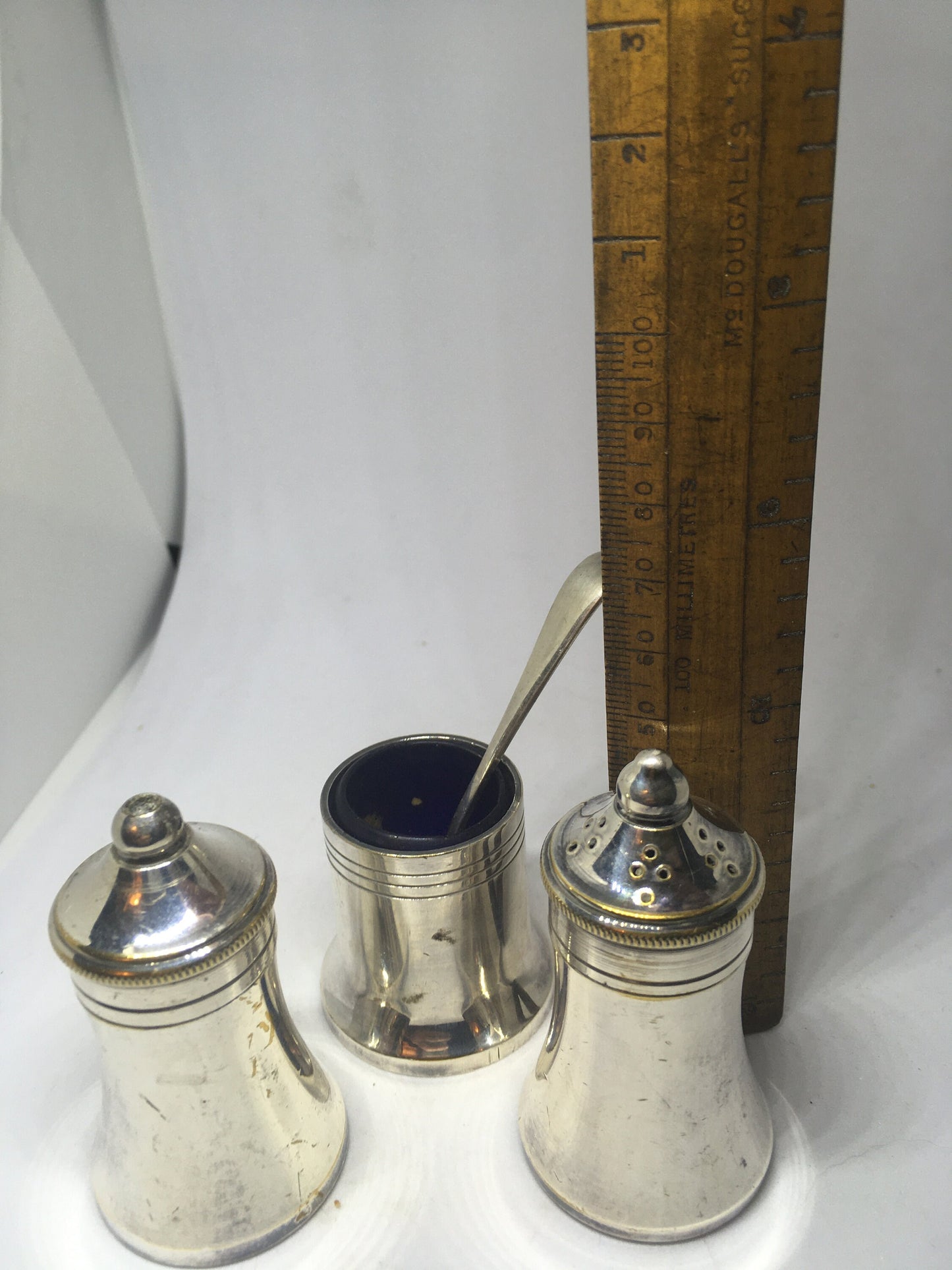 Vintage Cruet set, Small silver plated salt pepper mustard cruet set with tiny spoon.