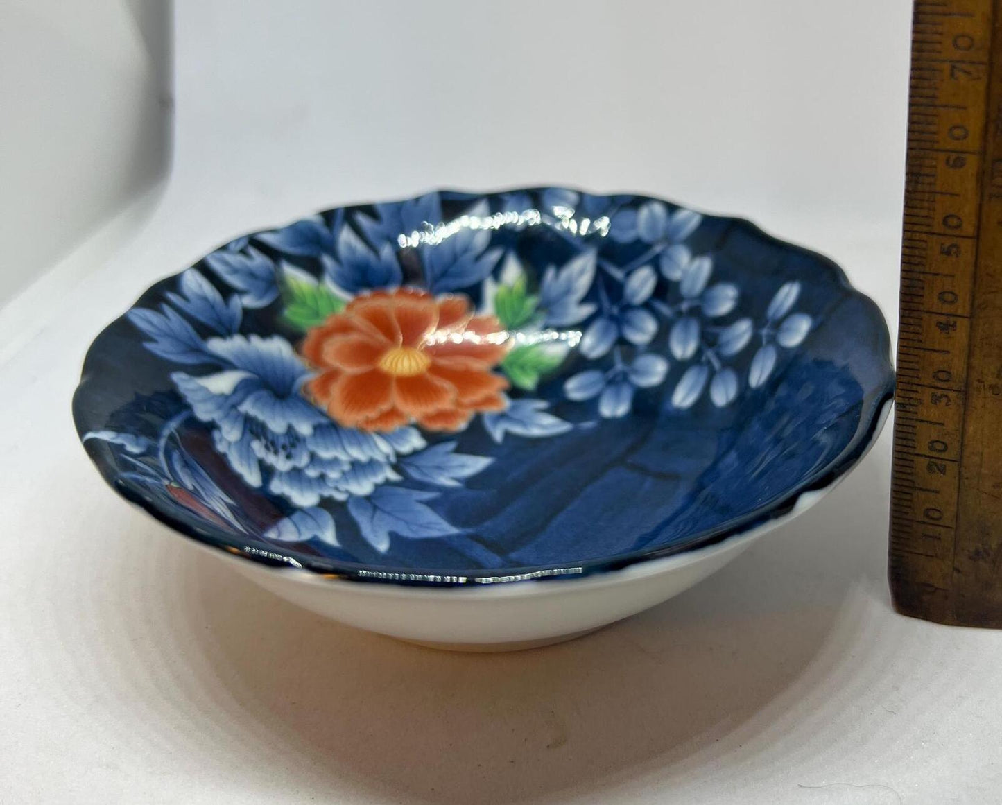 Trinket bowl Blue floral ring disk Hand painted orange flower dish.