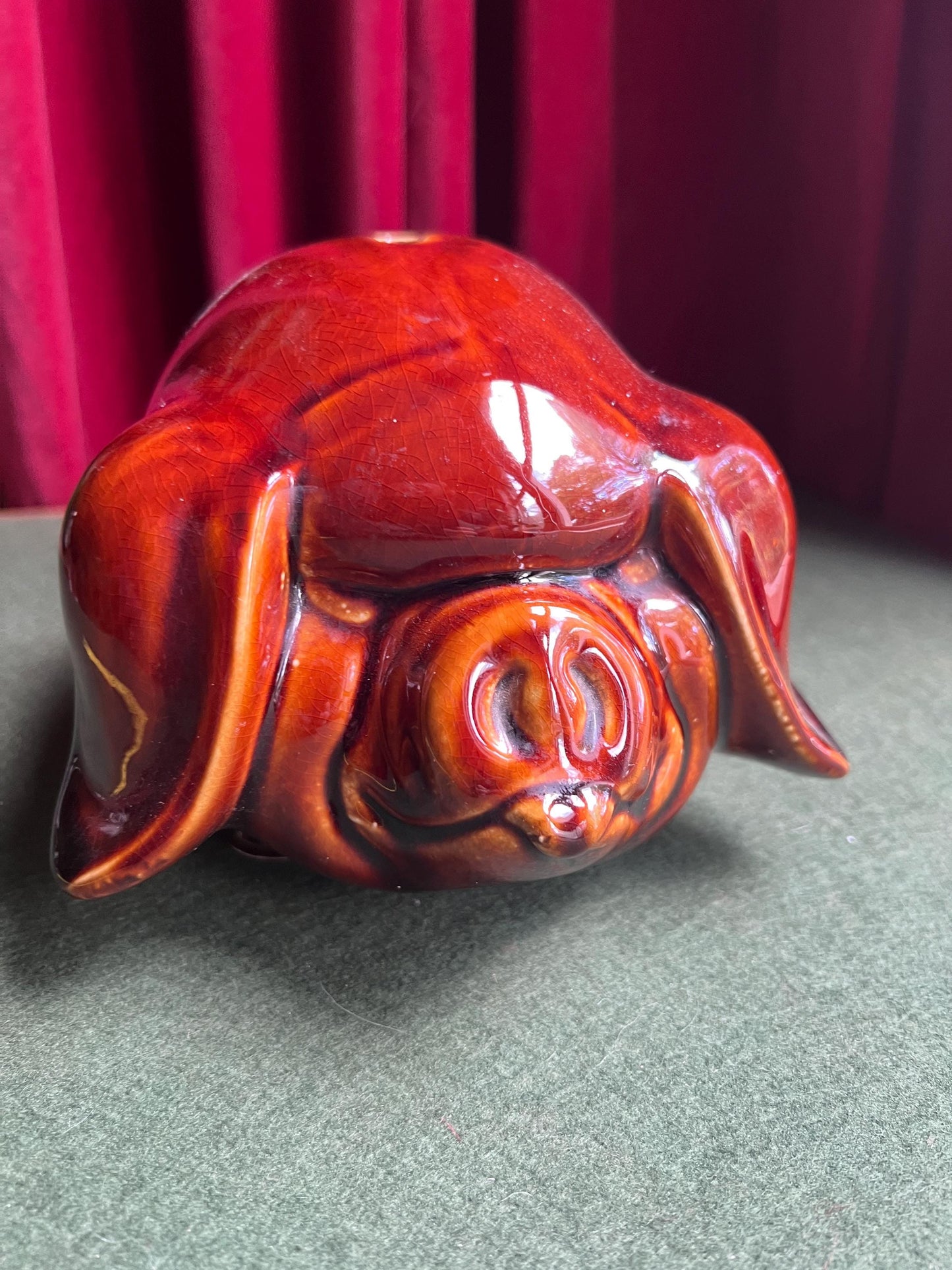 Vintage Piggy Bank 1970s treacle glaze grumpy faced pig figurine. Dartmouth Pottery.