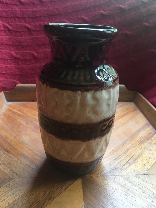 West German ceramic posy vase. Brown and cream stripe flower vase.