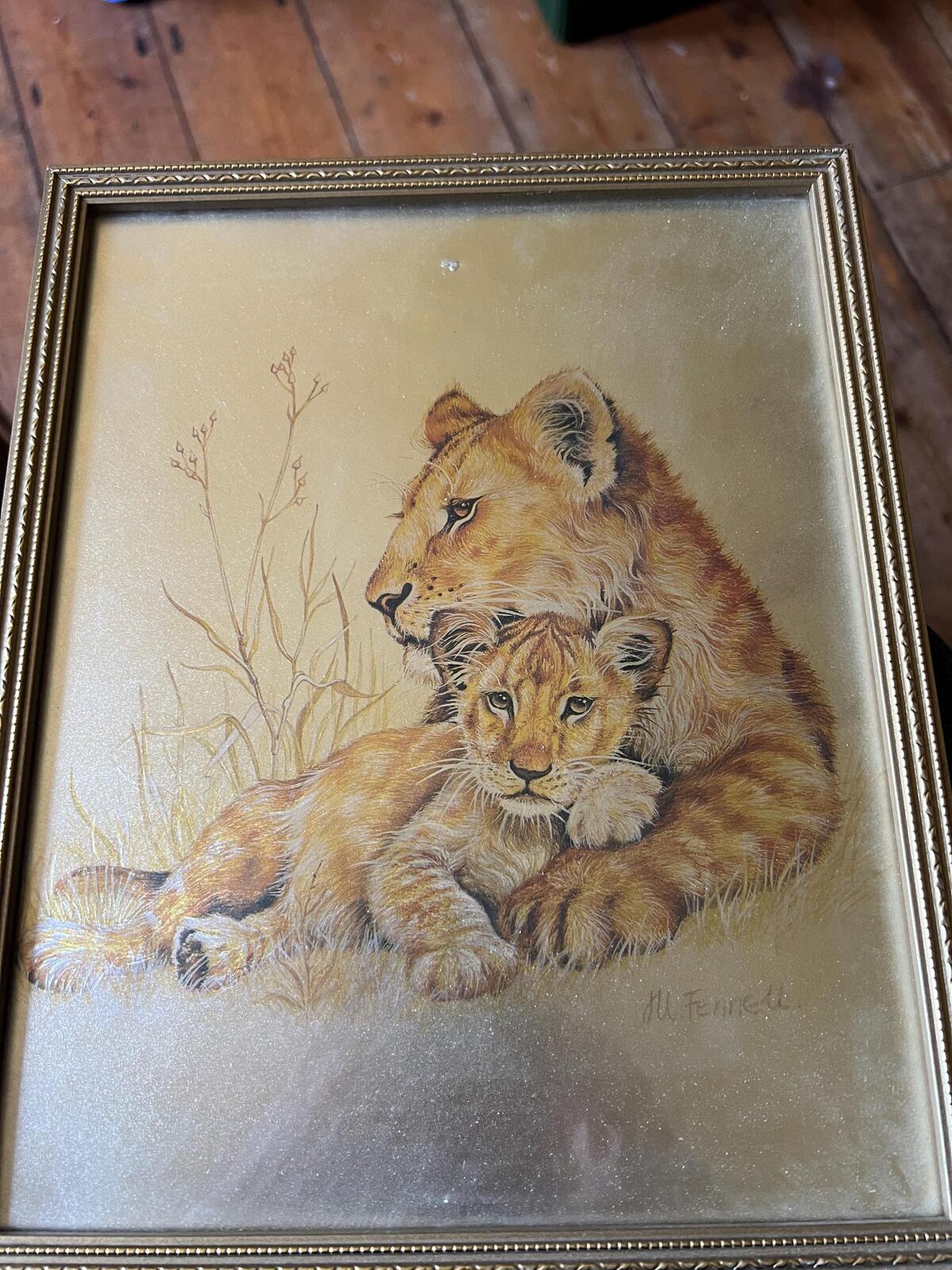 Lion and cub foil art framed picture. 1980s Retro signed M Fenelle print.