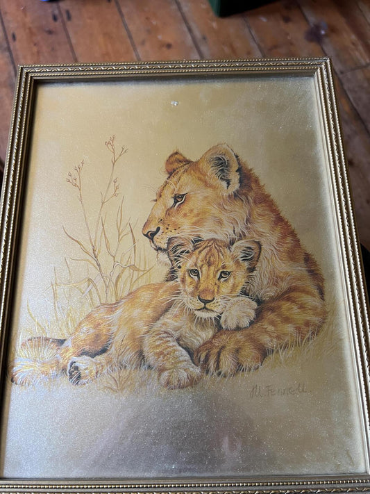 Lion and cub foil art framed picture. 1980s Retro signed M Fenelle print.