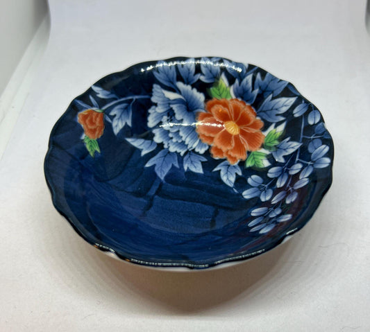 Trinket bowl Blue floral ring disk Hand painted orange flower dish