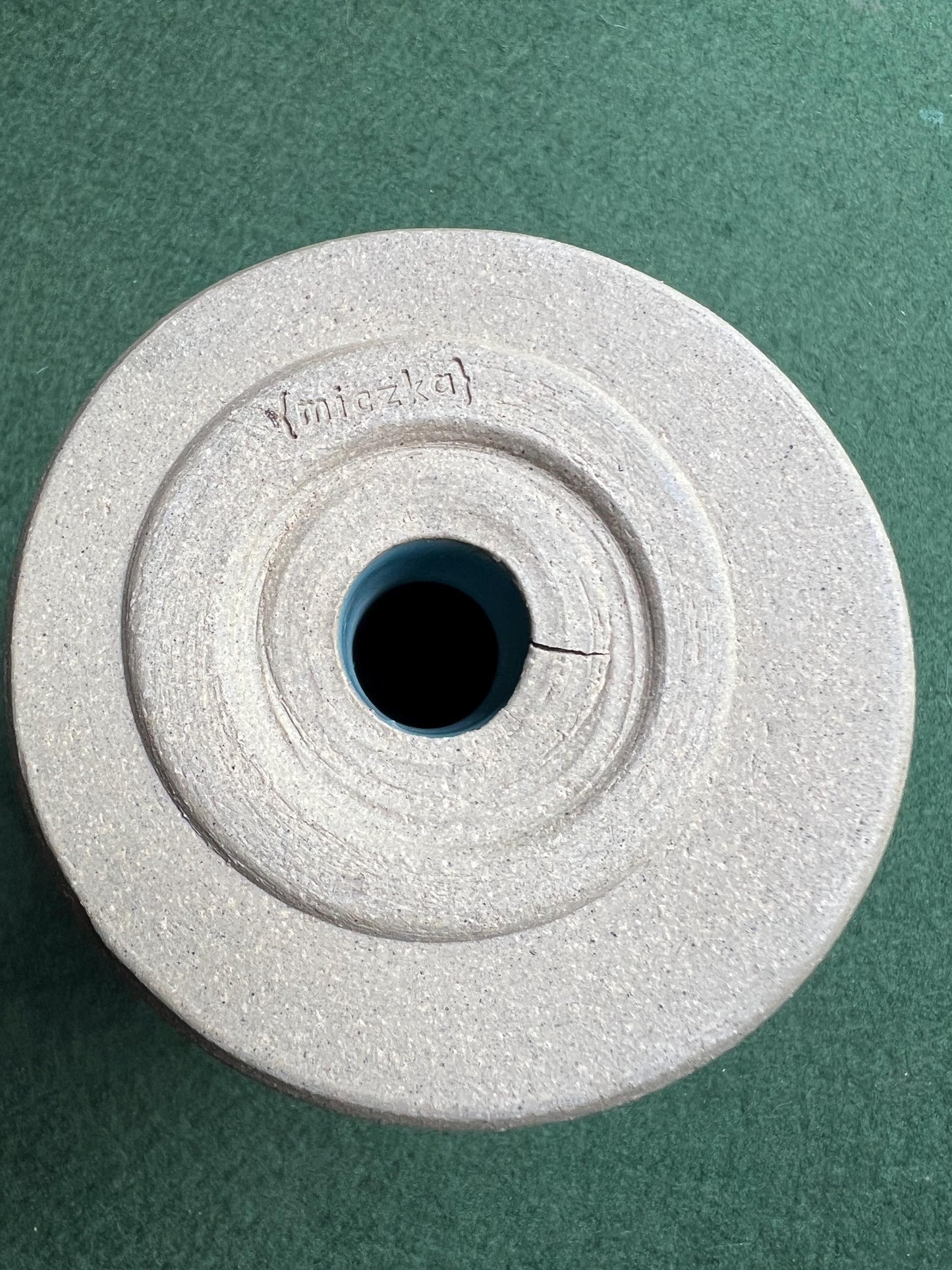 Studio pottery coffee filter holder. Blue grey glaze hand thrown ceramic pour over coffee dripper.  Stamped miczka.