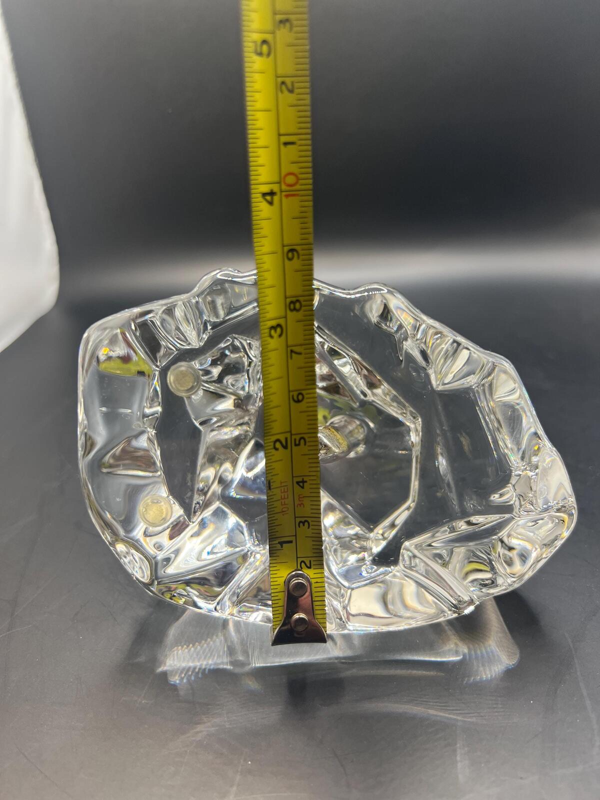 Crystal iceberg paperweight with pen bud hole. Solid clear Val St Lambert style glass sculpture.