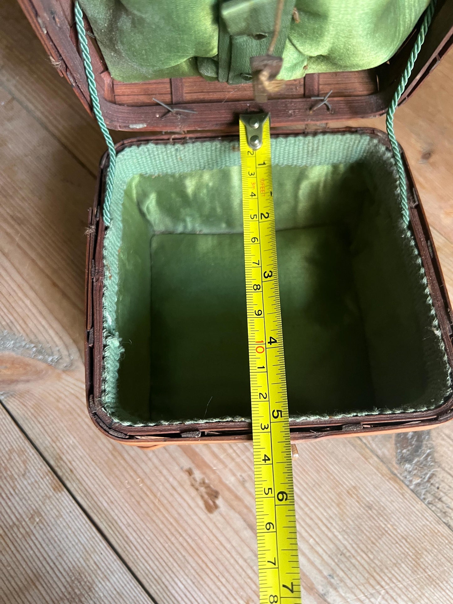 Vintage bamboo hand woven sewing basket. Green satin lined small lidded sewing basket.