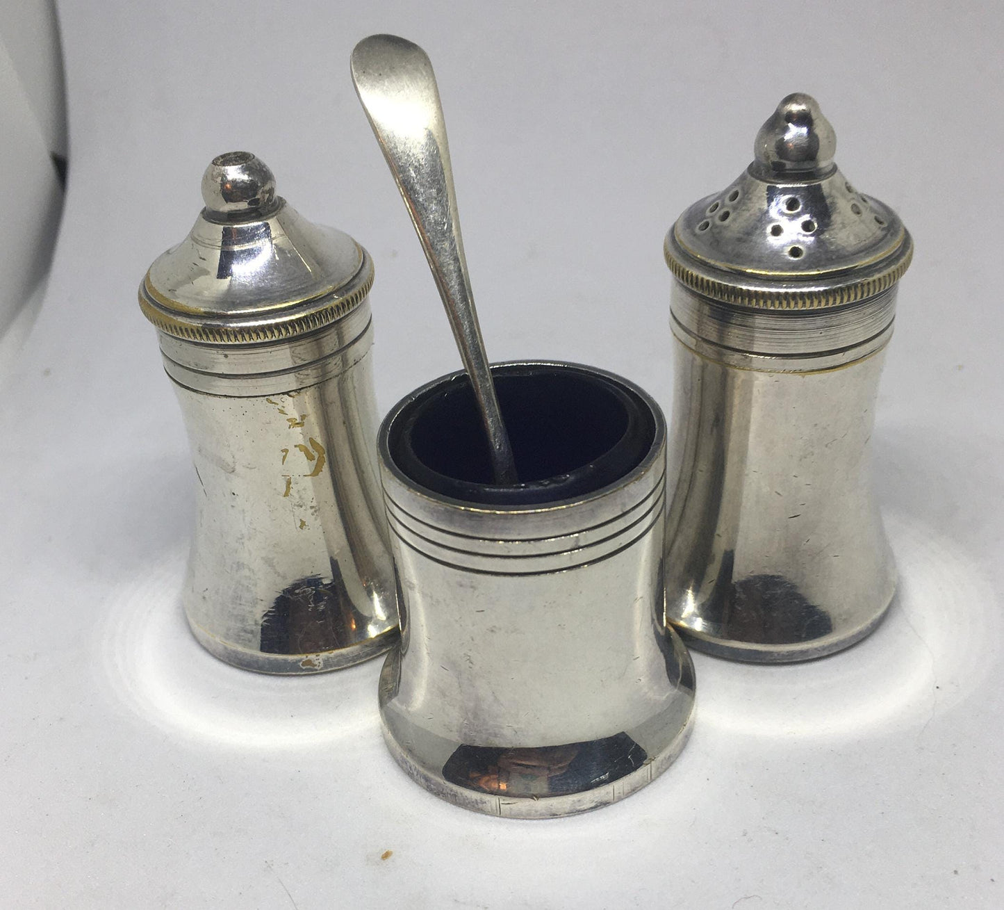 Vintage Cruet set, Small silver plated salt pepper mustard cruet set with tiny spoon.