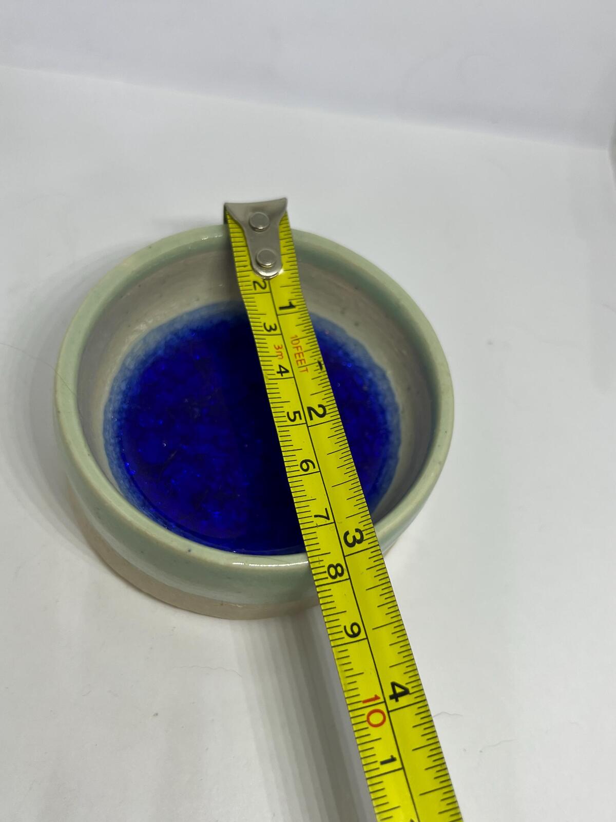 Studio pottery trinket dish. Blue Crackle glass glaze ring dish.