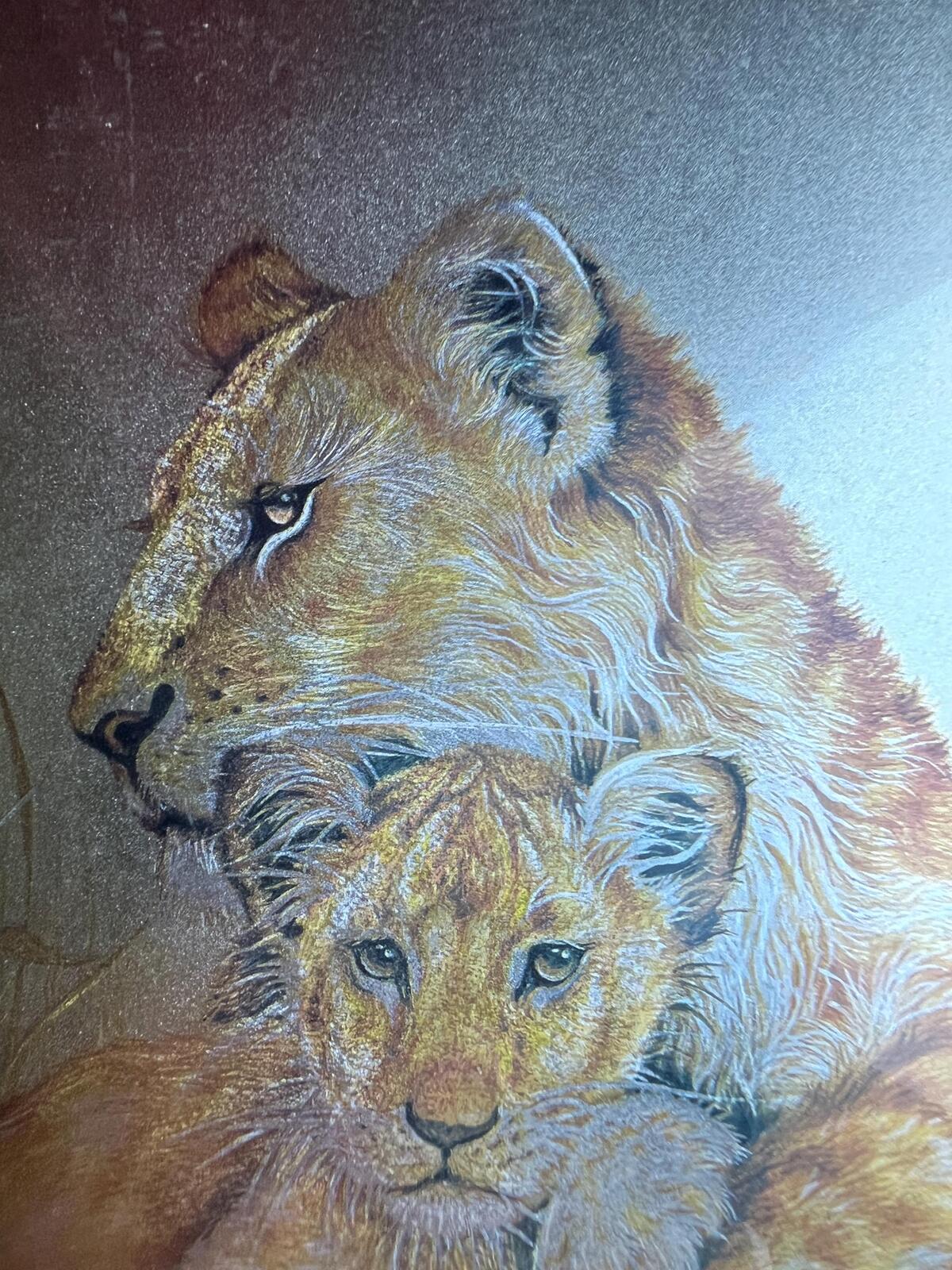 Lion and cub foil art framed picture. 1980s Retro signed M Fenelle print.