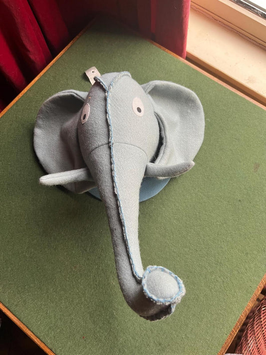 Felted elephant head wall decor for jungle nursery theme. Child's bedroom animal textile wall art.
