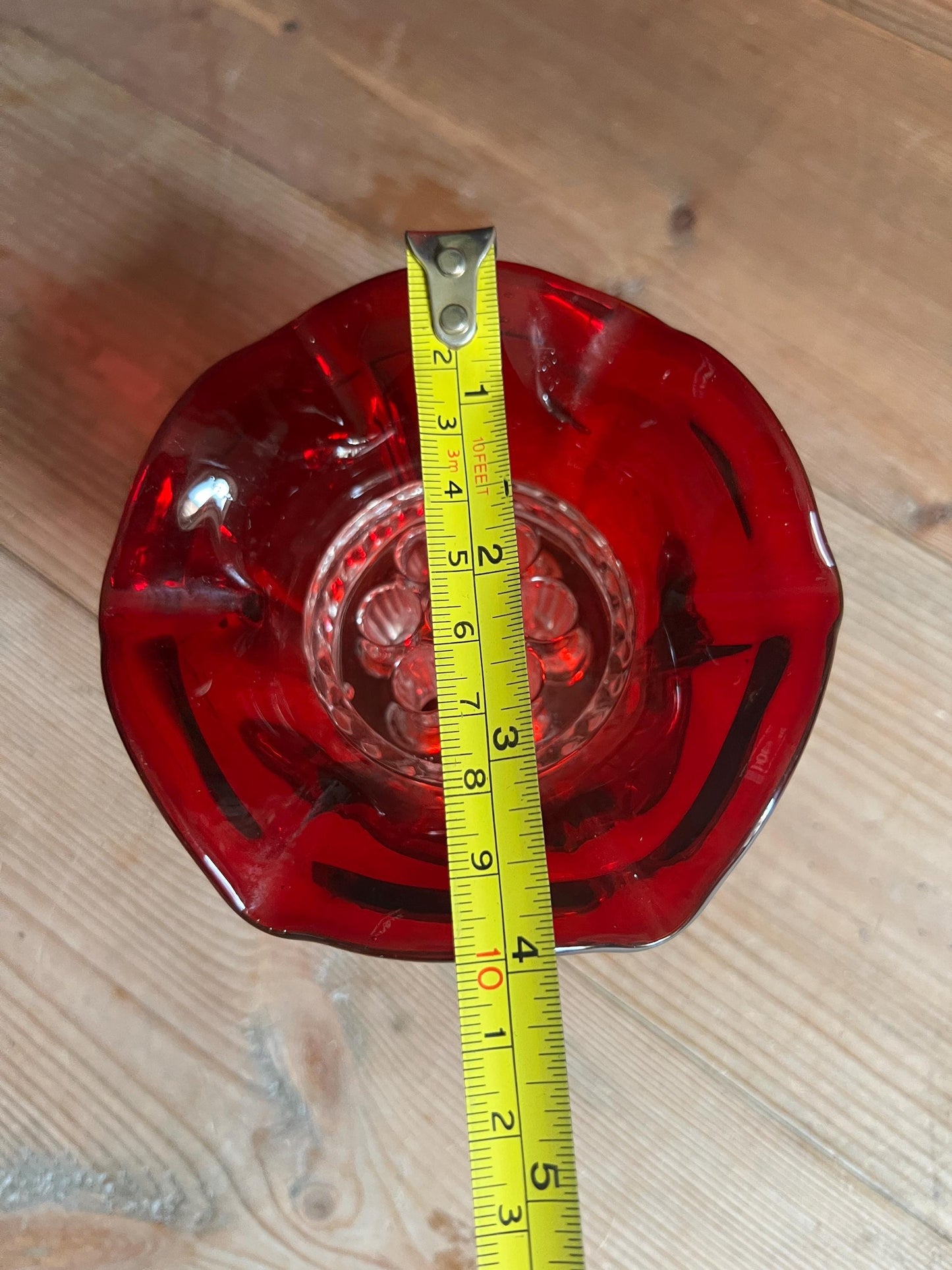 Art Deco style red glass posy vase with original clear glass flower frog. UV reactive.