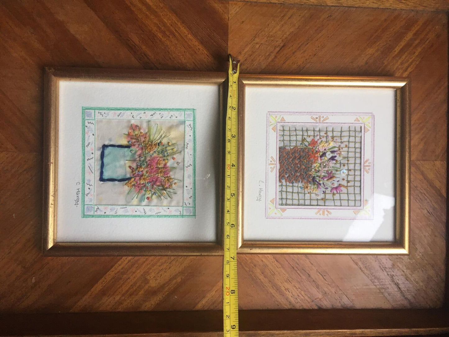 2 Beautiful detailed framed embroidery flower scenes. Textile art wildflowers.