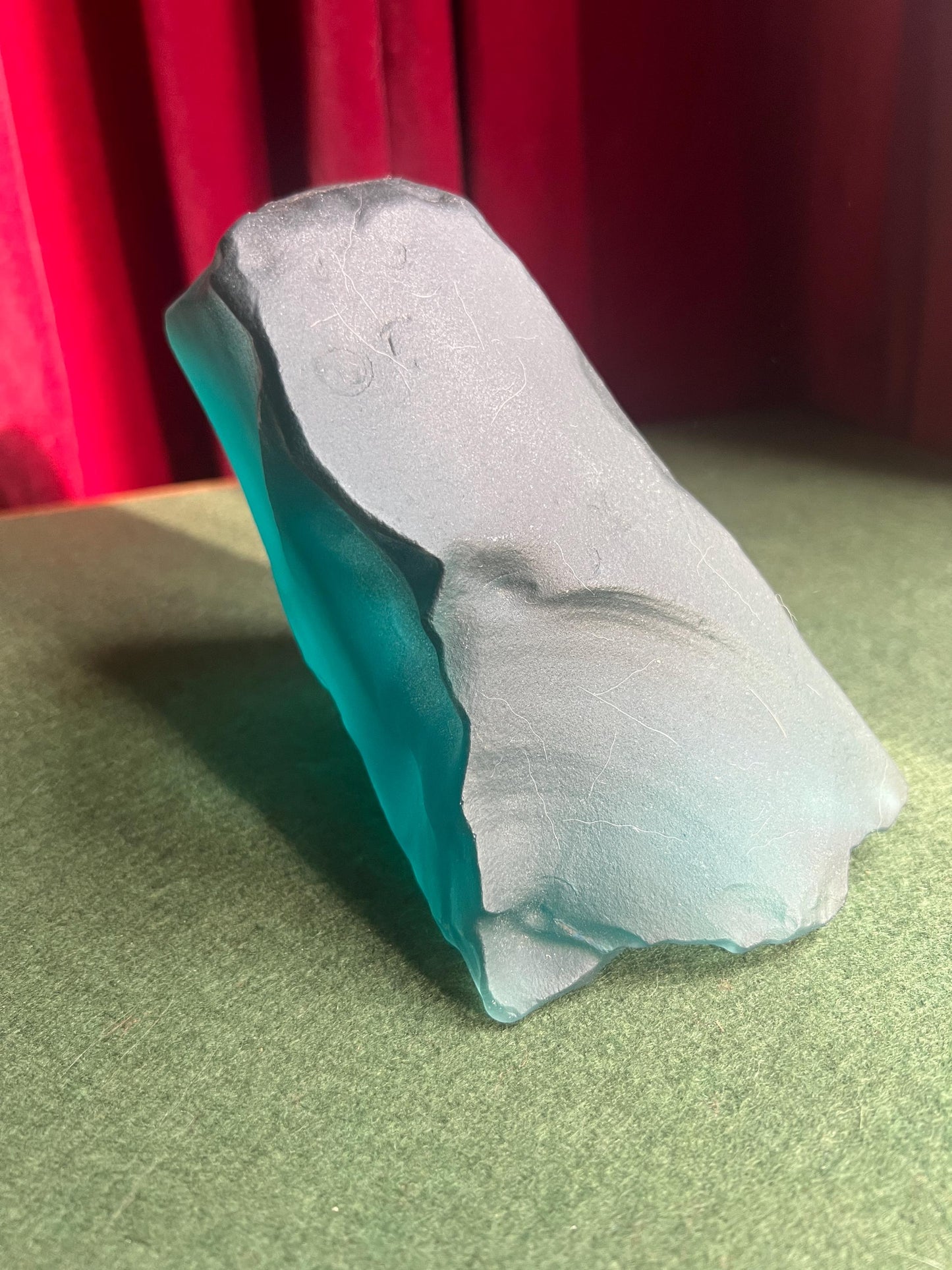 Siku Signed Native Inuit Frosted Etched Art Glass Sculpture Paperweight. Blue sea glass Canadian folk art.