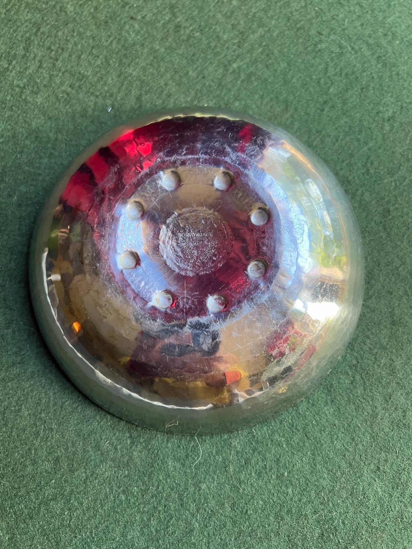 Arts and Crafts movement key coin dish. Trinket pin dish console. Stamped Borrowdale Hand beaten Stainless steel. Lakeland Rural Industries.
