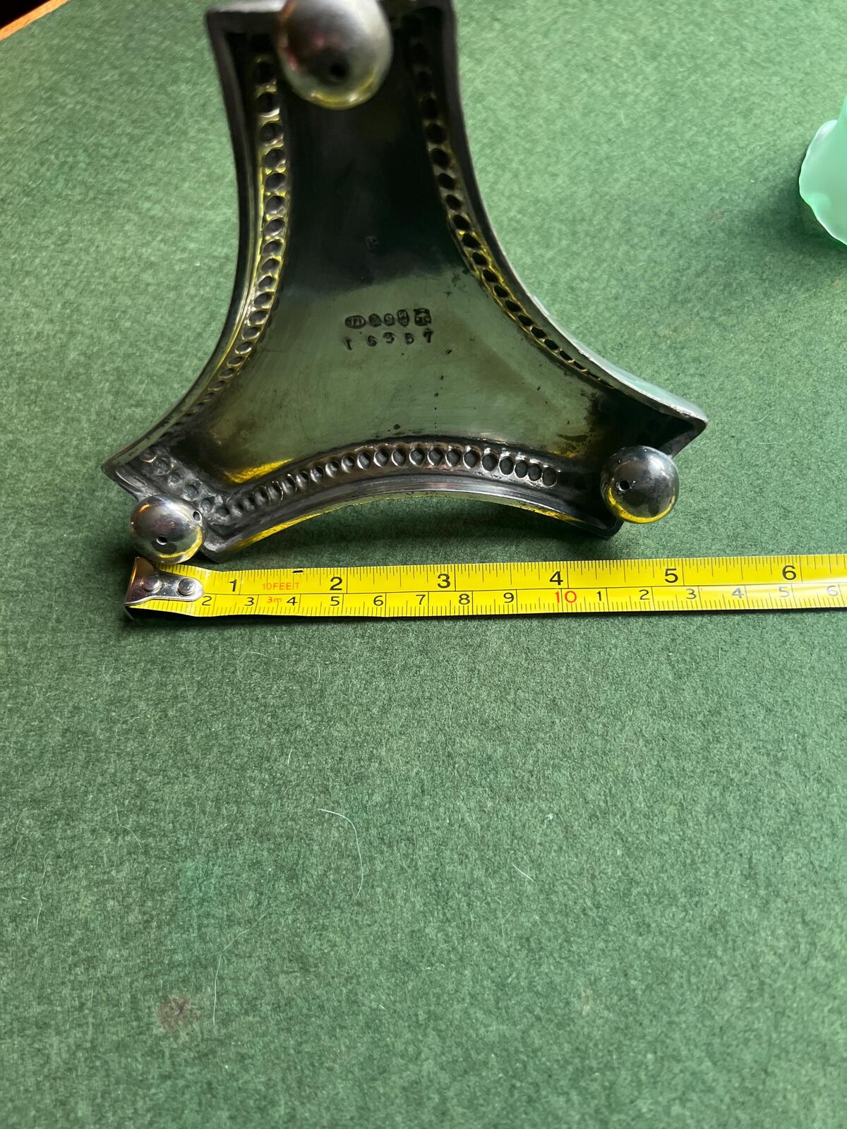 Victorian epergne vase. Green glass on decorative silver plate base. Stamped James Dixon & Sons.