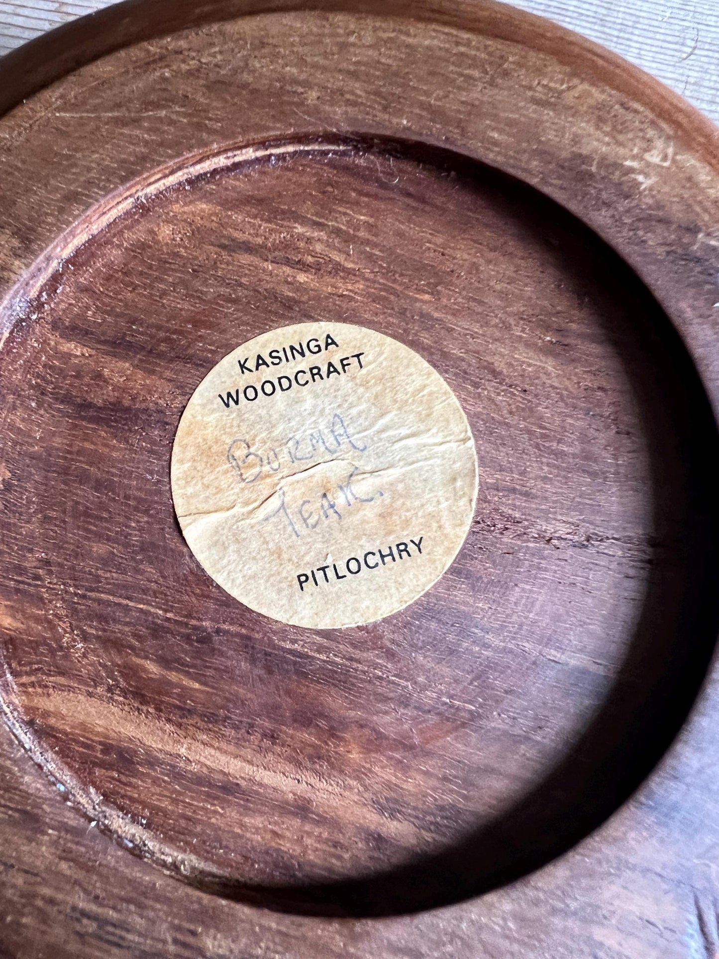 Hand crafted Teak wood trinket key bowl. Original sticker. Burma Teak Kasinga woodcraft Pitlochry.