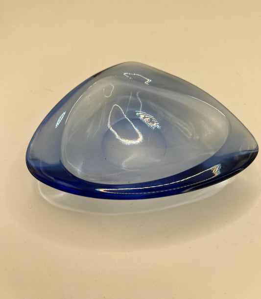 Vintage blue glass trinket pin dish. Sklo Union Czech Glass