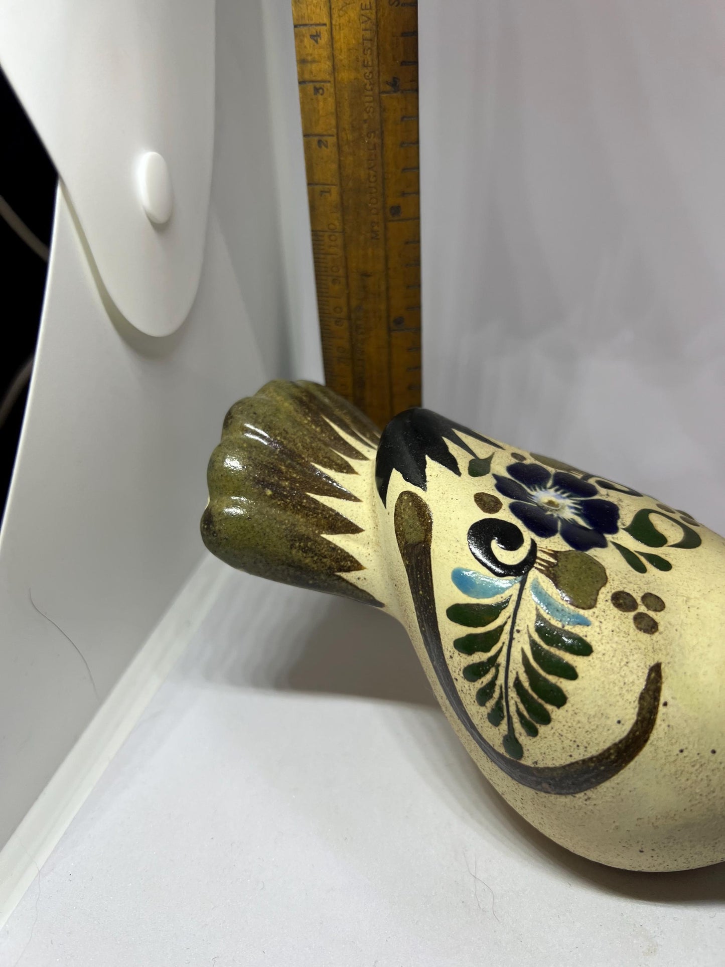 Tonala Mexico stone ware hand painted bird ornament Signed RS Mexico.