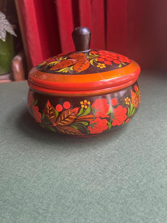 Vintage decorative lidded bowl. Russian folk art Khokhloma Wooden Lacquer hand painted red black gold decor.