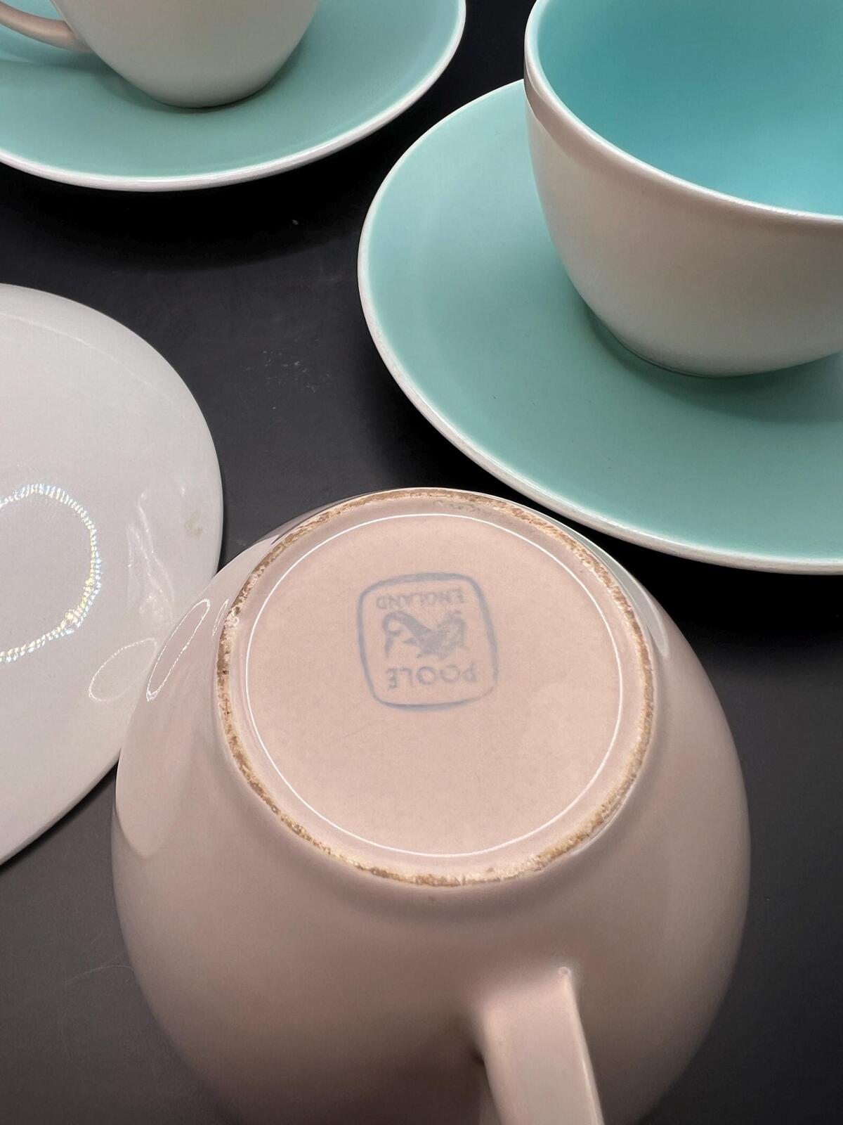 Vintage teacups and saucers Poole pottery Ice green mushroom twintone. Set of 3