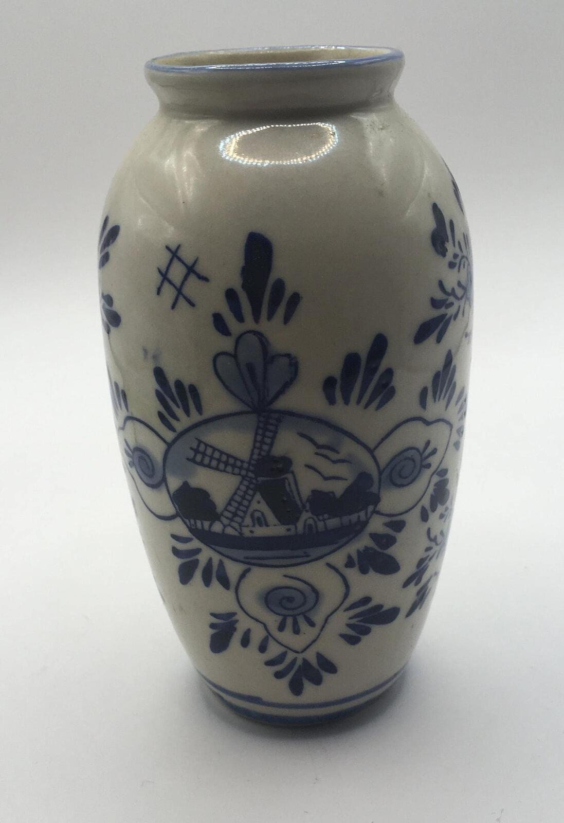 Delft Ware posy bud vase. Windmill and floral decoration Holland pottery vase