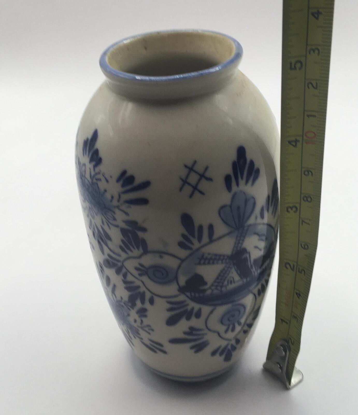 Delft Ware posy bud vase. Windmill and floral decoration Holland pottery vase