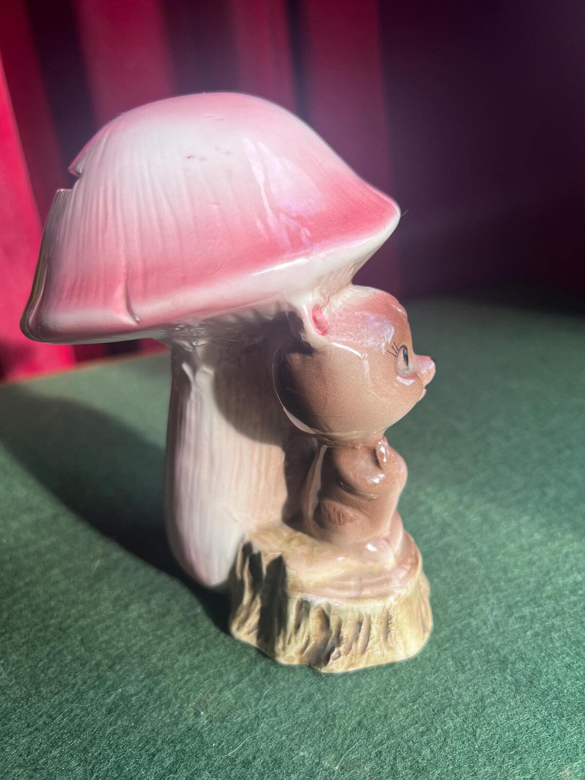 Quirky Squirrel money bank. Kitsch anthropomorphic squirrel sitting under a pink mushroom. MC decor.