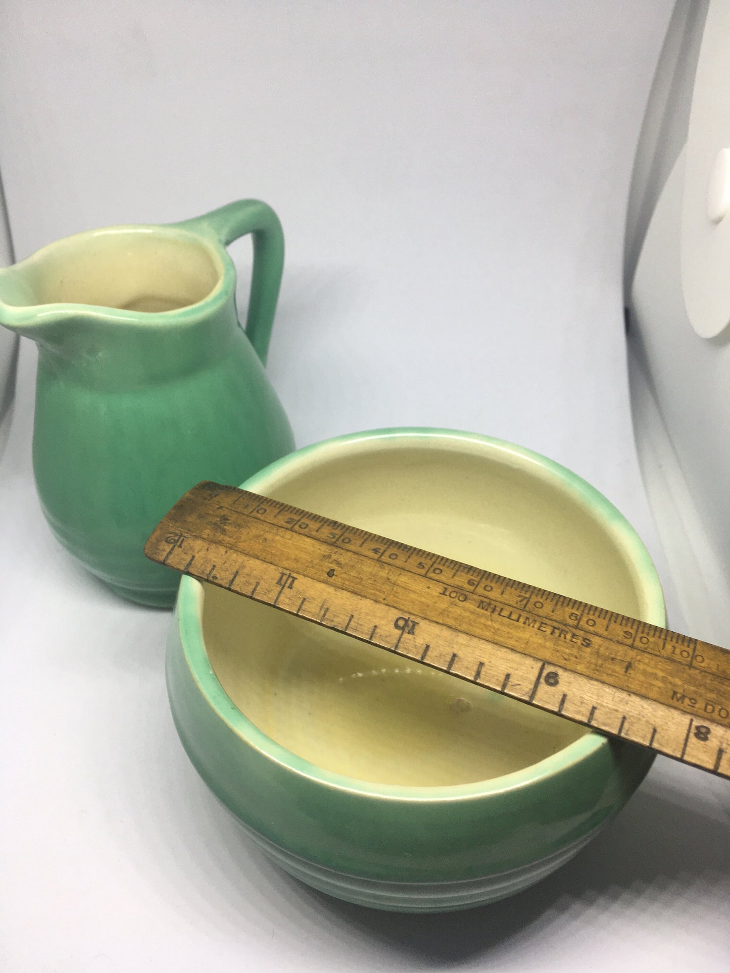 Vintage Govancroft sugar milk jug. Green glazed Art Deco style breakfast set. Scottish pottery