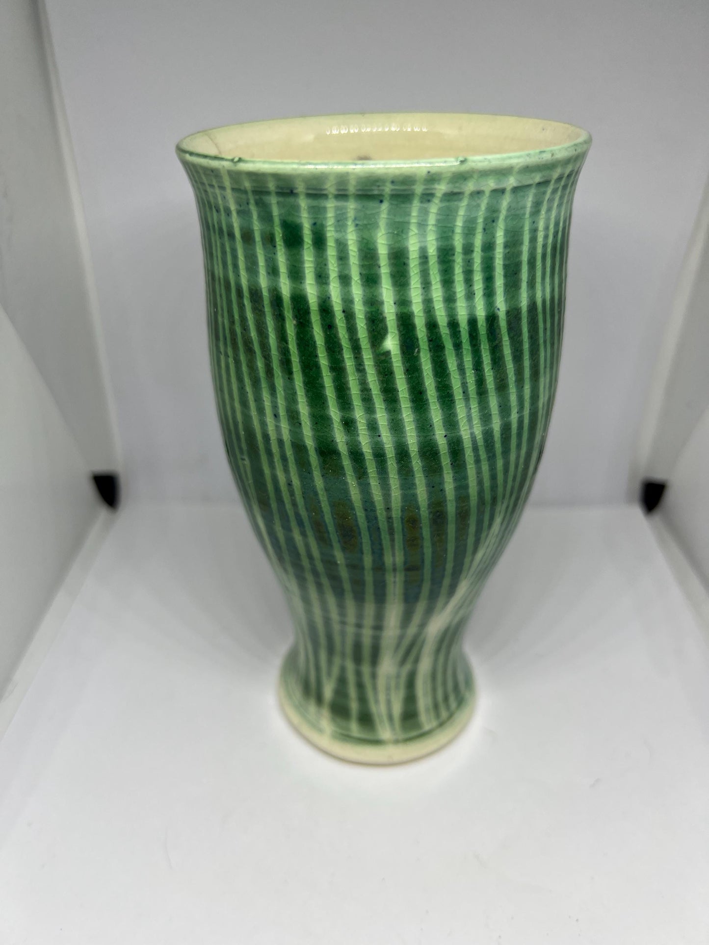 Studio pottery flower vase Green glaze hand decorated fish design Stamped Pauline's Pottery Handmade.