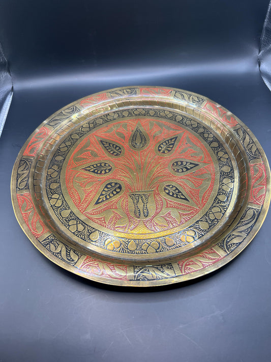 Decorative etched brass enamel round tray.