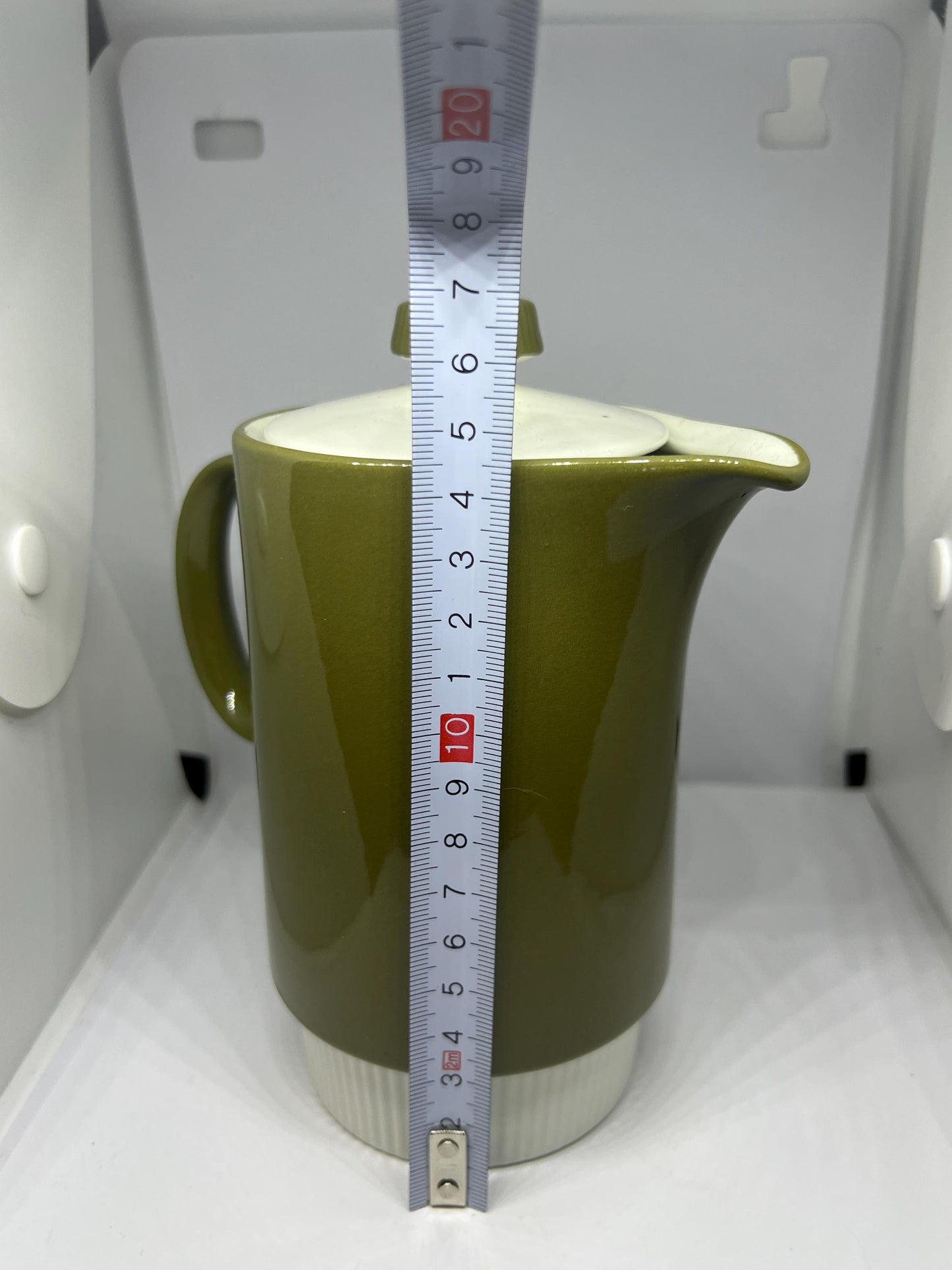 Vintage Poole Pottery coffee pot teapot. Olive green and cream ceramic compact lidded coffee tea chocolate pot.