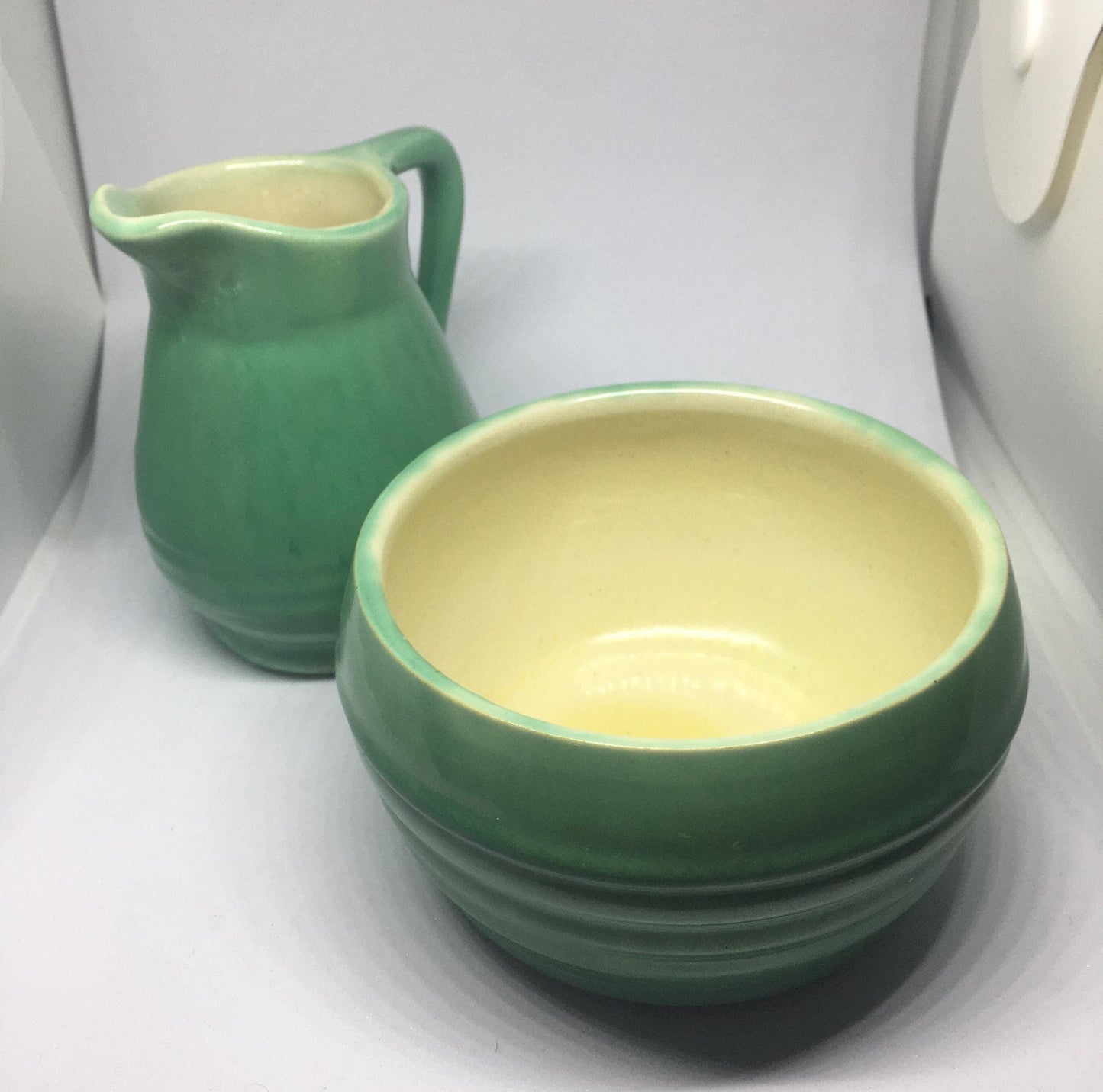 Vintage Govancroft sugar milk jug. Green glazed Art Deco style breakfast set. Scottish pottery