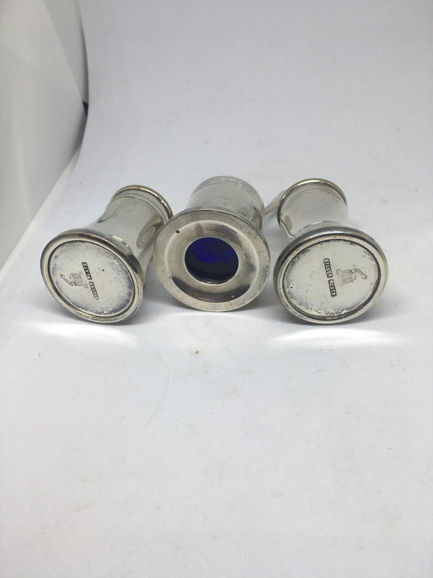 Vintage Cruet set, Small silver plated salt pepper mustard cruet set with tiny spoon.