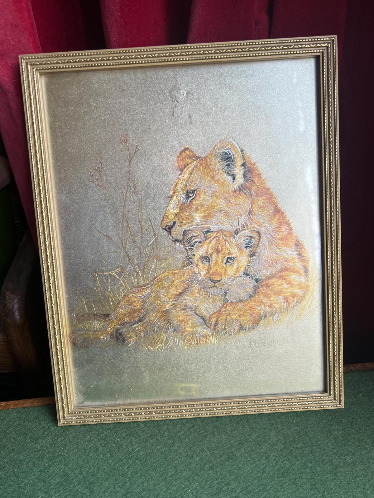 Lion and cub foil art framed picture. 1980s Retro signed M Fenelle print.